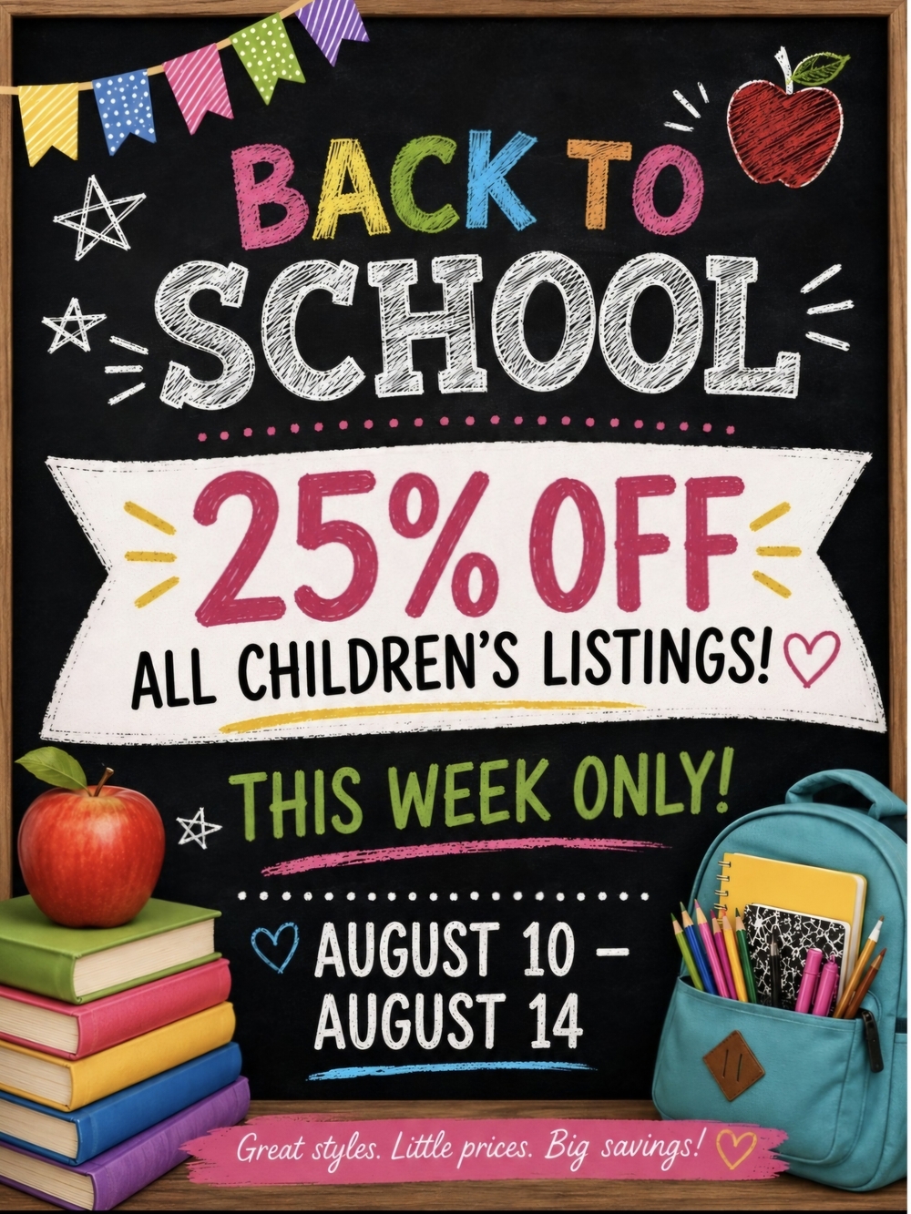 BACK TO SCHOOL SALE 25% OFF ALL CHILDRENS LISTINGS THIS WEEK ONLY